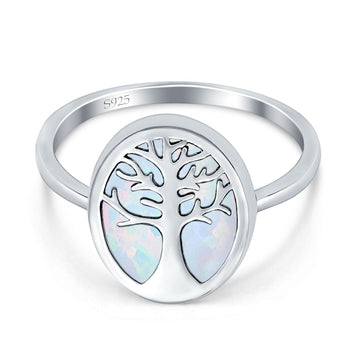 Oval Tree of Life Ring Lab Created White Opal Rhodium Plated 925 Sterling Silver